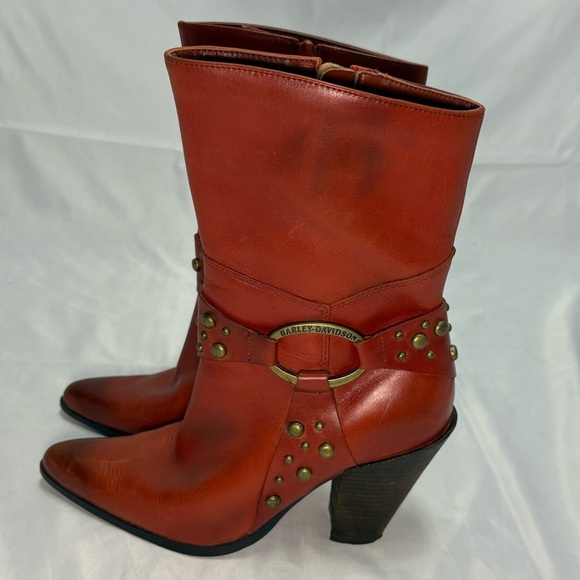 Vintage Harley Davidson Women’s 7.5 Burnt Orange Harness Heeled Boots Side Zip - Picture 4 of 14
